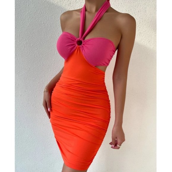 . Dresses & Skirts - Two Tone Tie Backless Cut Out Halter Bodycon Dress neon